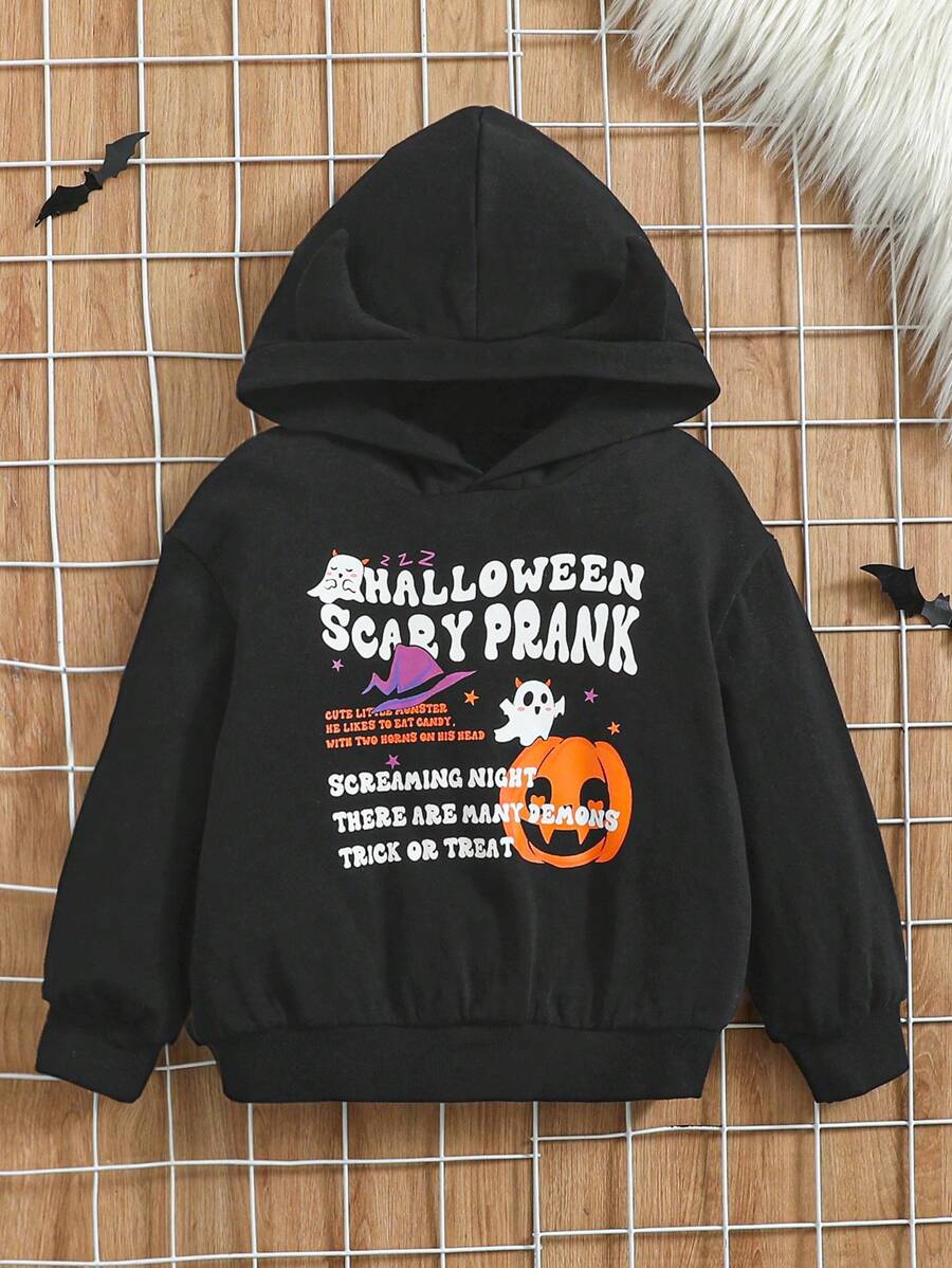 SHEIN Áo nỉ in hình khẩu hiệu và chủ đề Halloween dành cho bé gái - màu đen - Xem 1