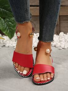 情人节舒适仿珍珠带平底沙滩凉鞋 - 紅色 - 查看 3