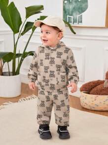 SHEIN Bimbo carino orso stampata maniche lunghe con cappuccio Giacche e Pantaloni affusolati Set - Cachi - Visualizzare 11