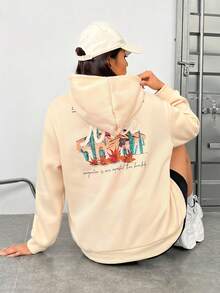 SHEIN EZwear Plus Size Slogan Graphic Drop Shoulder Sweatshirt - Khaki - View 6