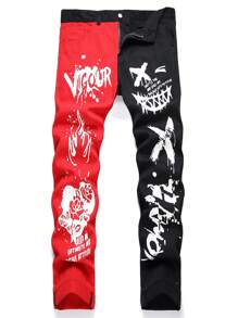 Manfinity LEGND 男士兩色字母圖案牛仔褲修身長款洗水深色牛仔褲裝，貨運色塊派對庞克搖滾款式 - 彩色 - 查看 1