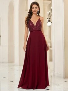 SHEIN Belle Burgundy Red Contrast Sequin Cami Formal Dress Party Dress Wedding Guest Dress Evening Dress - Burgundy - View 4