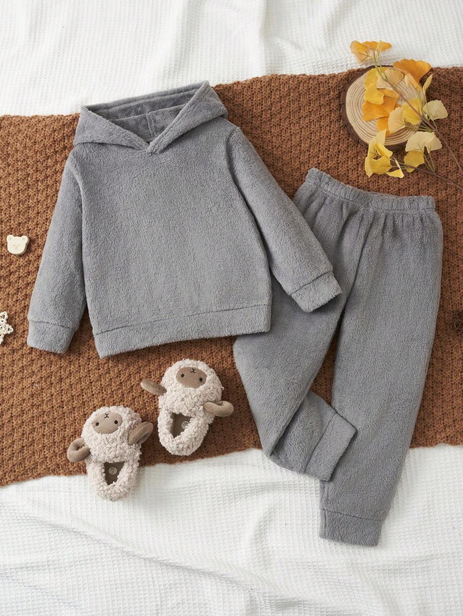 SHEIN Young Boy Solid 3D Ear Design Hooded Pajama Set - Grey - View 1