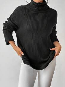 SHEIN Essnce Jersey cuello alto de hombros caídos - Negro - Ver 3