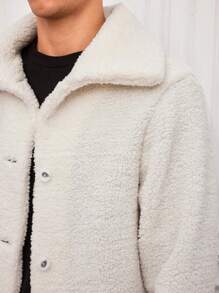 SHEIN Cottnline Men 1pc Solid Button Front Teddy Jacket - White - View 3