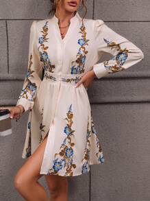 SHEIN Clasi 印花前紐扣襯衫洋裝 - 杏色 - 查看 3