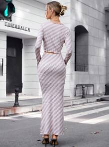 SHEIN Essnce 條紋印花短款T恤&鉛筆裙 - 彩色 - 查看 2