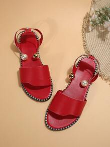 情人节舒适仿珍珠带平底沙滩凉鞋 - 紅色 - 查看 6