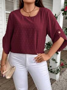 SHEIN LUNE 大碼圓點襯衫 - 酒紅色 - 查看 3