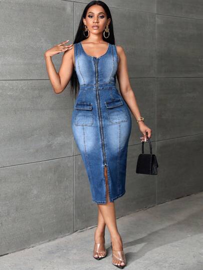 SHEIN SXY 休閒口袋 拉鍊 開衩純色女士牛仔連衣裙