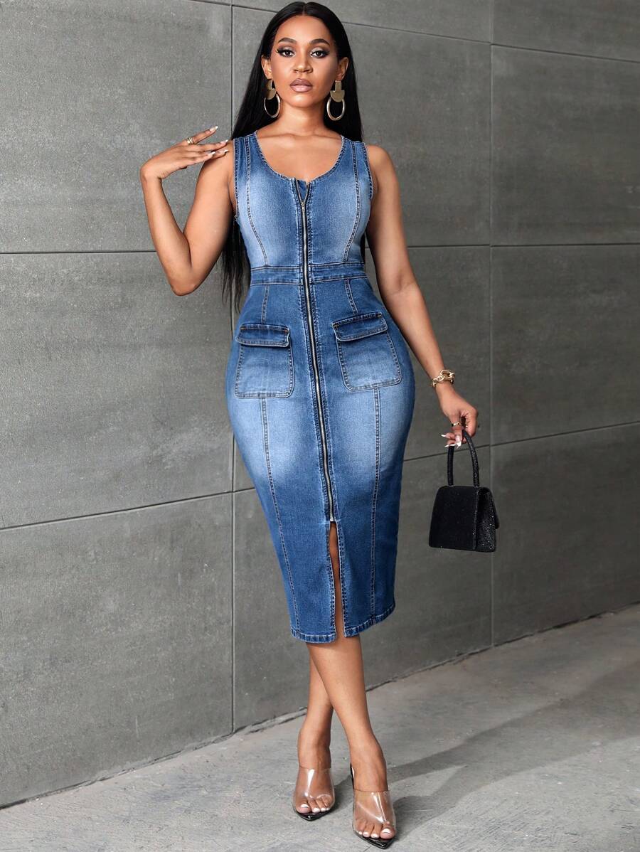 SHEIN SXY 休閒口袋 拉鍊 開衩純色女士牛仔連衣裙 - 深色水洗藍 - 查看 1