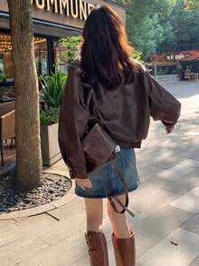 女士复古棕色仿皮夹克，休闲宽松长袖机车夹克，百搭秋季时尚 2025 韩版风格