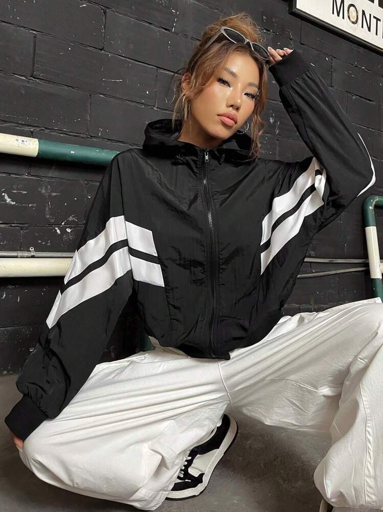 SHEIN EZwear Colorblock Zip Up Hooded Jacket In Fall/Winter