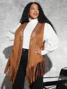 SHEIN CURVE+ Plus 1pc Hollow Out Fringe Hem Faux Suede Vest Coat - Camel - View 7