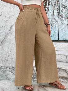 SHEIN VCAY Plus Knot Front Wide Leg Pants - Khaki - View 4