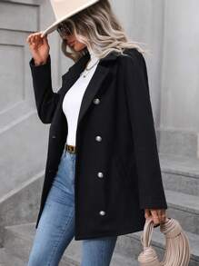 EMERY ROSE 素色雙排釦花呢外套 - 黑色 - 查看 3