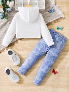 SHEIN 女小童蝴蝶和字母圖案連帽衫&牛仔效果牛仔褲