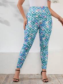 EMERY ROSE 大碼魚鱗圖案緊身打底褲 - 綠色 - 查看 5