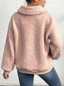 SHEIN Unity Solid Zip Up Teddy Sweatshirt Pullover Fall Outfit - Pink - View 2