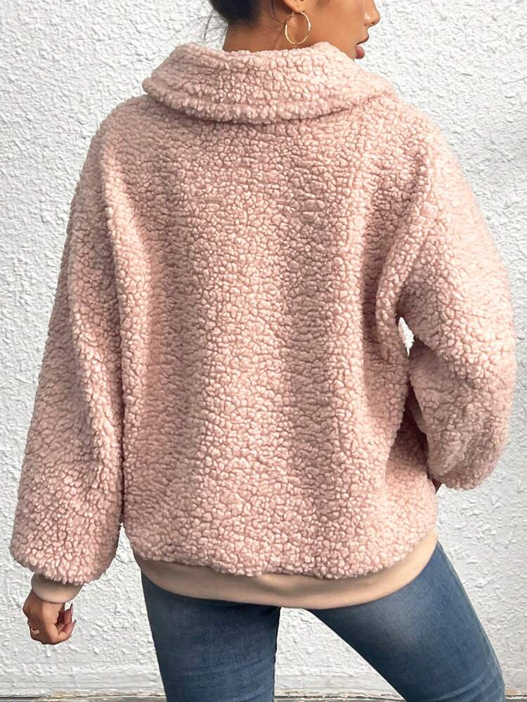 Solid Zip Up Teddy Pullover Fall Sweatshirt