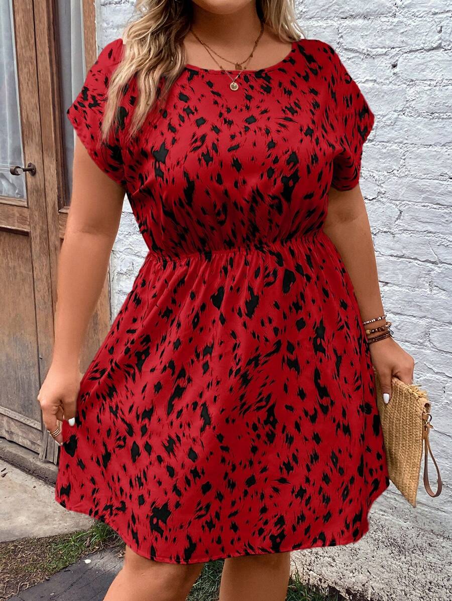 SHEIN LUNE Plus Allover Print Batwing Sleeve Dress - Multicolor - View 1