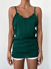 EURMUSE Eyelash Lace Trim Cami Top - Dark Green - View 5