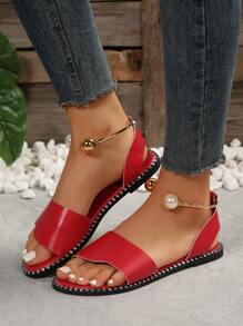 情人节舒适仿珍珠带平底沙滩凉鞋 - 紅色 - 查看 4