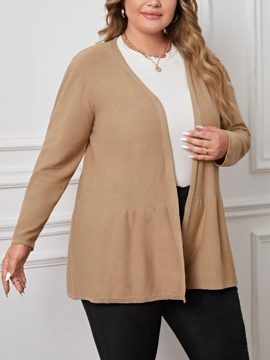 SHEIN LUNE Plus Size Solid Casual Design Cardigan - Khaki - View 1