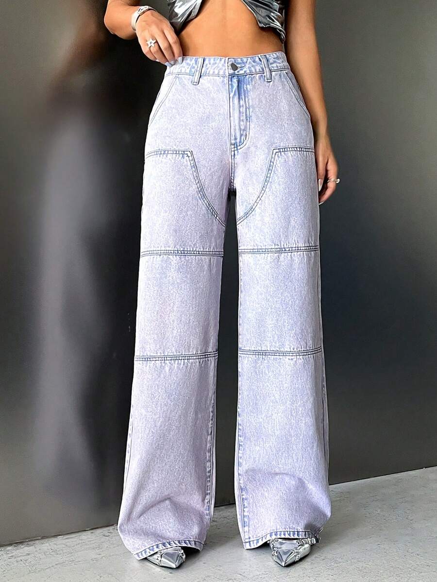 SHEIN ICON Top-stitching Wide Leg Jeans - Mauve Purple - View 1
