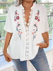 EMERY ROSE Plus Floral Print Guipure Lace Panel Blouse - White - View 1