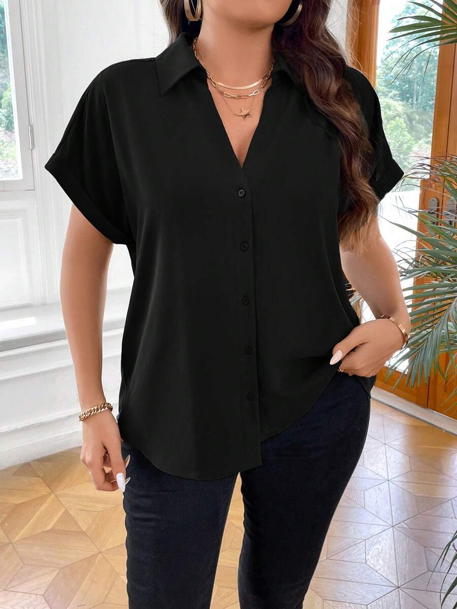 Vionelle Plus Batwing Sleeve Button Front Shirt - Black - View 1