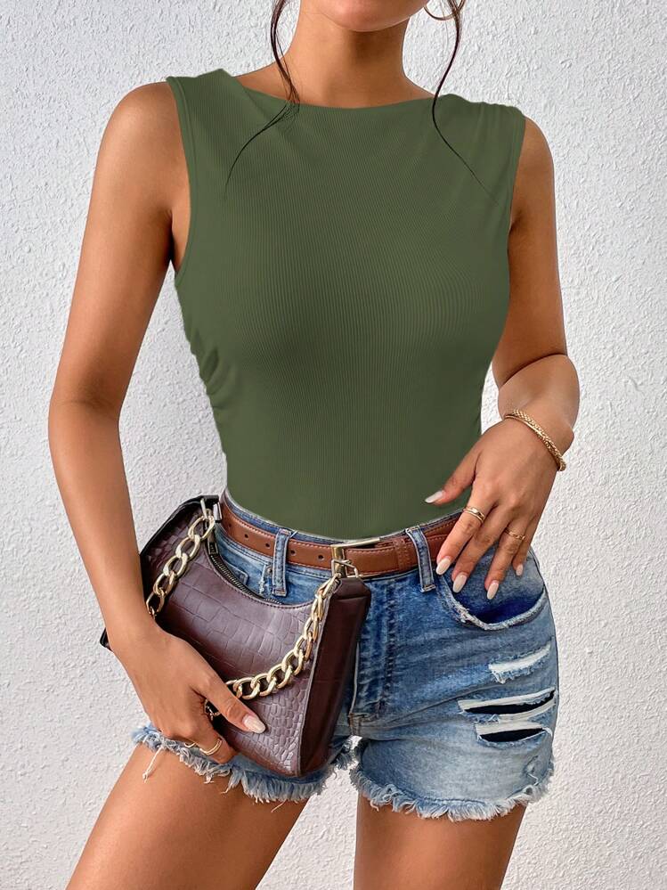 SHEIN Essnce Top tank unicolor fruncido lateral - Verde militar - Ver 3