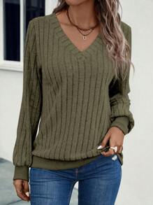 EMERY ROSE Solid V Neck Ribbed Knit Sweatshirt Graduation,Back To School,Graduation,Teacher For Women,Back To School Pullover Fall Sweatshirt - Army Green - View 5