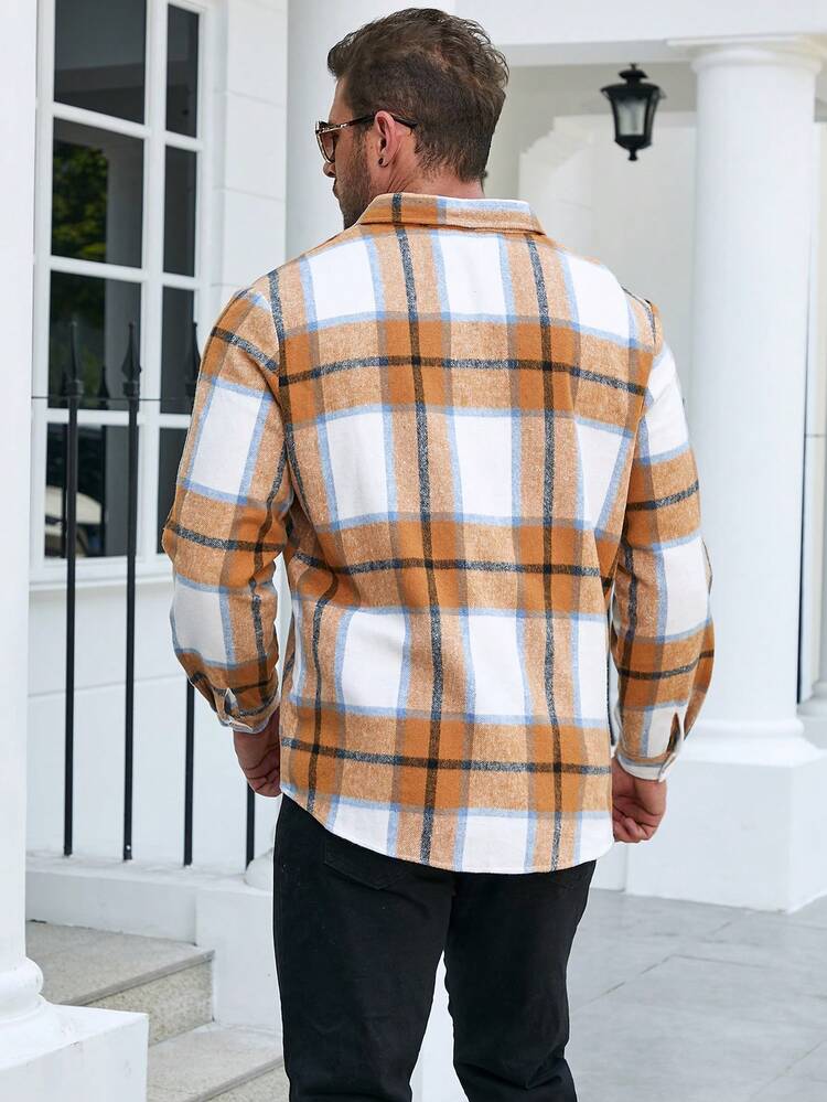 Men Plus Plaid Print Patched Pocket Overcoat