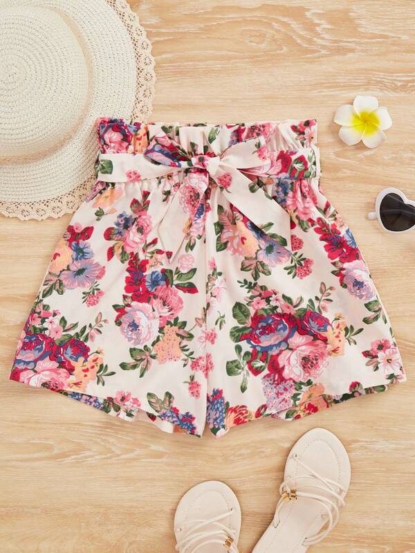 SHEIN Teen Girl Floral Print Paperbag Waist Belted Shorts