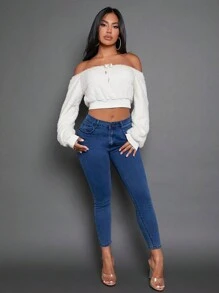 SHEIN SXY Off Shoulder Knot Front Crop Teddy Pullover - White - View 7