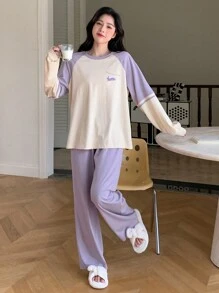 DAZY 字母圖案插肩袖T恤和褲子休閒套裝 - 紫色 - 查看 3
