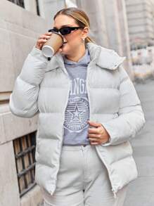 SHEIN Cottnline Plus Zip Up Hooded Puffer Coat - White - View 3