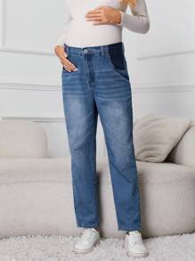 SHEIN 孕婦寬腰帶直筒牛仔褲 - 中等水洗藍 - 查看 1