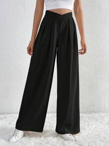 SHEIN Tall Pantalones de pierna ancha unicolor con bolsillo oblicuo - Negro - Ver 5
