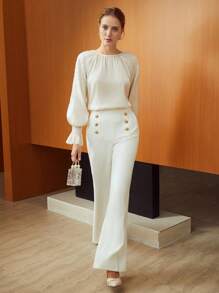 MOTF PREMIUM SEQUIN-EMBELLISHED BISHOP SLEEVE BLOUSE - Beige - View 6