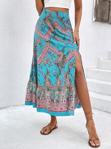 SHEIN VCAY 佩斯利印花高衩半身裙