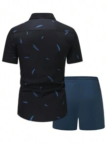 Manfinity Men Feather Print Shirt & Drawstring Waist Shorts - Multicolor - View 2