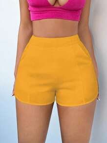 SHEIN SXY Solid High Waist Shorts - Yellow - View 1