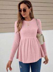 SHEIN Maternity Solid Peplum Tee With Long Sleeve - Baby Pink - View 4