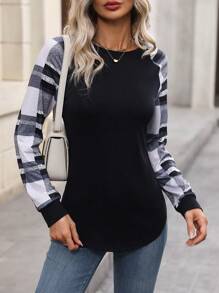 SHEIN LUNE Plaid Print Raglan Sleeve Curved Hem Tee Graphic Tees Women Tops Fall Cloth For Women - Black - View 3