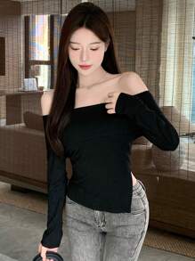 DAZY Top a maniche lunghe con spalle scoperte, orlo spaccato, tinta unita