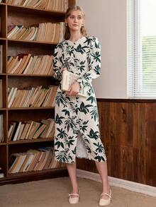 SHEIN Privé Sợi viscose In Bọc Váy sơ mi - Màu xanh lá cây đậm - Xem 5