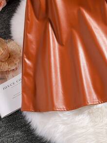 SHEIN Cô gái Tween Chất rắn chất liệu da PU Váy kèn đồng - Cà phê nâu - Xem 5