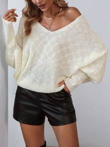 SHEIN LUNE Solid Batwing Sleeve V Neck Sweater Knit Pullover Fall Winter Outfit - White - View 1